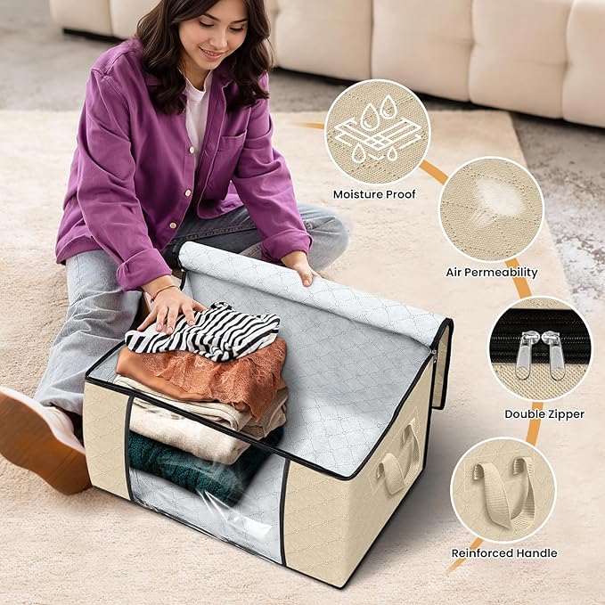 Fab totes 4 Pack Clothes Storage, Foldable Thick Fabric Blanket Storage Bags, Containers for Organizing Bedroom, Closet, Clothing, Comforter,Organization with Handle,Beige