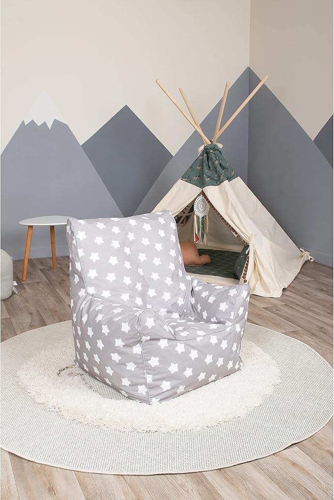 Delsit Children's Bean Bag Chair - Handmade in Europe - Lightweight & Portable Toddler Chair with Washable Cover - Comfortable & Fully Assembled - Perfect for Little Kids | Gray with Stars