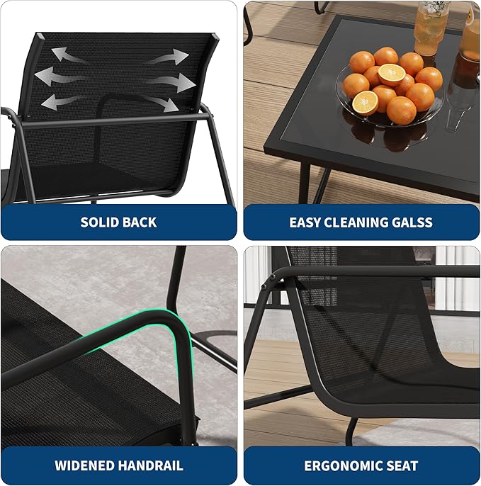 GarveeLife 4Pcs Textilene Conversation Set with 2 Chairs, Patio Conversation Set with Single Chairs and Glass Top Coffee Table, Textilene Furniture Set with Love Seat