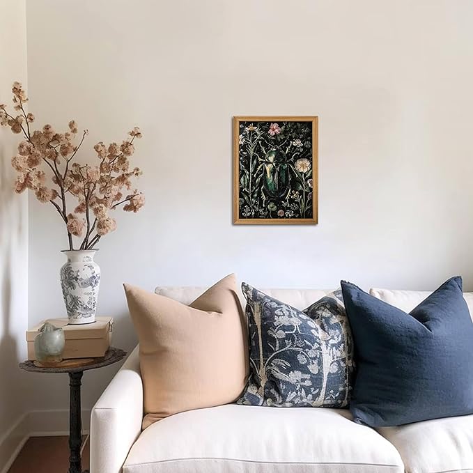 Framed Vintage 3D Textured Wall Art - Gothic Dark College Beetle Wall Decor - Hand Drawn Sandstone Nature Botanical Pictures for Living Room Bedroom Home Decor 8x10in