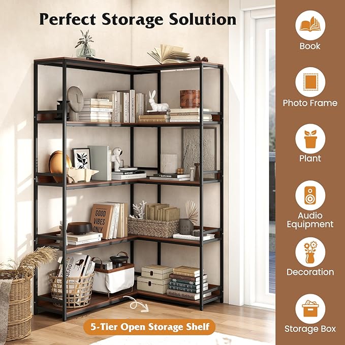 Tangkula Large Corner Bookshelf, 90 Degrees 5-Tier Industrial Wood Open Corner Bookcase for Small Spaces, Heavy-Duty Metal Frame, 71”H L-Shaped Storage Display Rack for Living Room (Walnut)