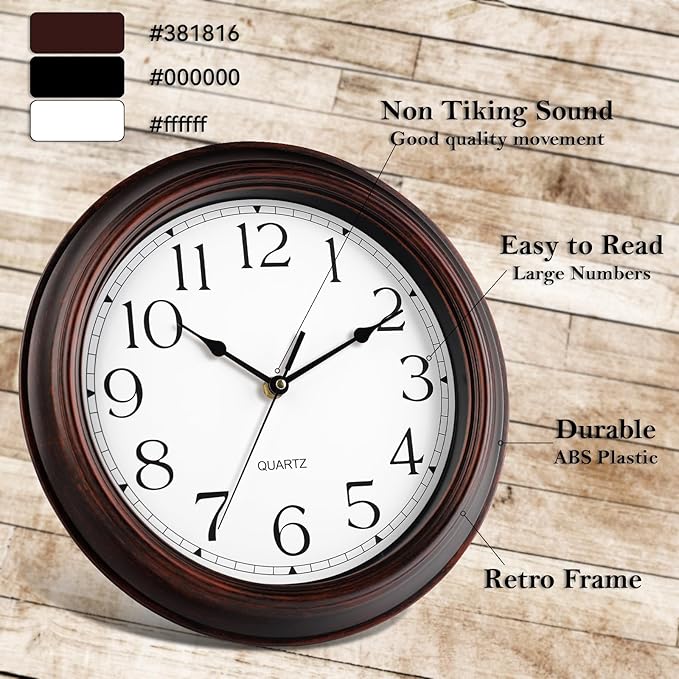 12 Inch Wall Clocks Battery Operated Silent Non-Ticking Wall Clock Vintage Retro Rustic Style Decorative for Living Room Kitchen (Bronze)