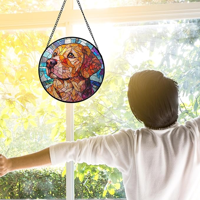 Stained Glass Window Hanging, Cute Dog Abstract Sun Catchers Colorful Glass Panel Texture Suncatcher Decor for Birthday for Women, Men, Wife, Aunt, and Mom 6.3 in