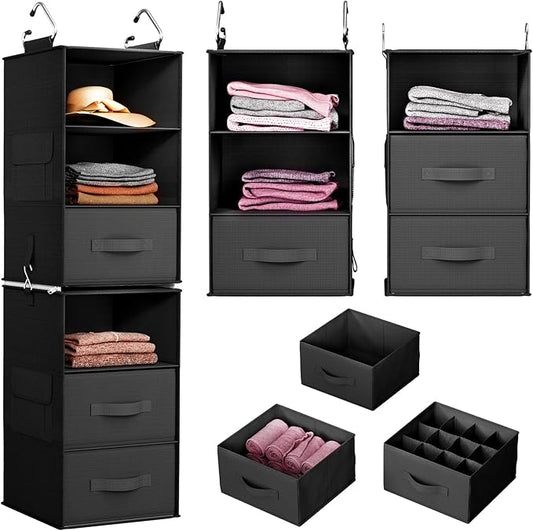Pipishell 6-Shelf Hanging Closet Organizer, Hanging Shelves with 2 Separable 3-Tier Shelves, Closet Shelves Organizer with 3 Removable Drawers for Wardrobe, Nursery, Baby Clothes Organizer, Black