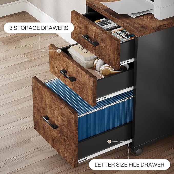 Triebsigns 3 Drawer File Cabinet, Wooden Office Filing Cabinet, Modern Rolling Printer Stand for Home Office, fits A4 or Letter Size, Under Desk (Brown)