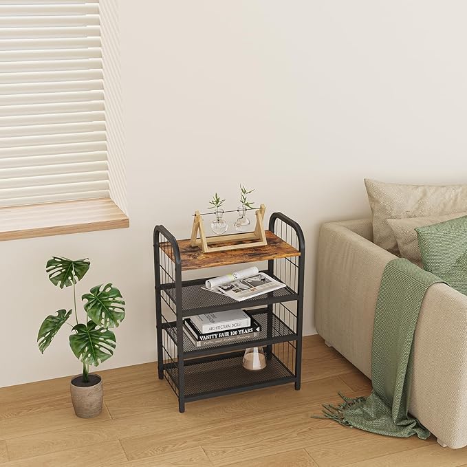 Shoe Rack, 4-Tier Shoe Organizer with Guardrails, Heavy-Duty Metal Mesh Shelves & Rustic Wooden Top for Stylish Closet & Front Door Storage