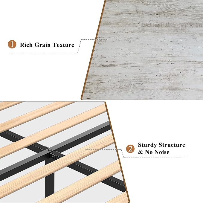 Rustic White Queen Size Wooden Bed Frame with Farmhouse Headboard, Solid Wood Platform Bed with Wood Slats, Noise-Free Structure, No Box Spring Needed