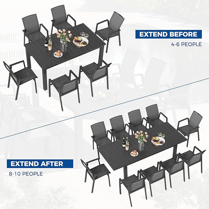 Wisteria Lane 5 Piece Aluminum Outdoor Patio Dining Sets with Fully Assembled Dining Chair，91.3" L×39.4" W Expandable Patio Table and Chairs Set for 4, Stackable Chairs with Quick Drying Fabric, Grey