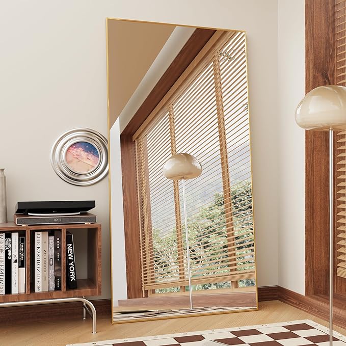 FANYUSHOW Full Length Mirror with Stand 65"x23.6",Floor Standing Aluminum Frame for Living Room,Tempered Glass Floor Mirror,Simple Home Decor,Wall Decor for Bedroom & Bathroom,Full Body Mirror,Gold
