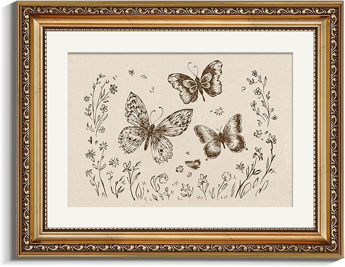 VIYYIEA Gold Framed Wall Art, Butterflies Canvas Print Home Decor Vintage Art Painting Picture Bathroom Wall Decor, Animals Artwork for Living Room Bedroom Kitchen Office - 14L x 11W