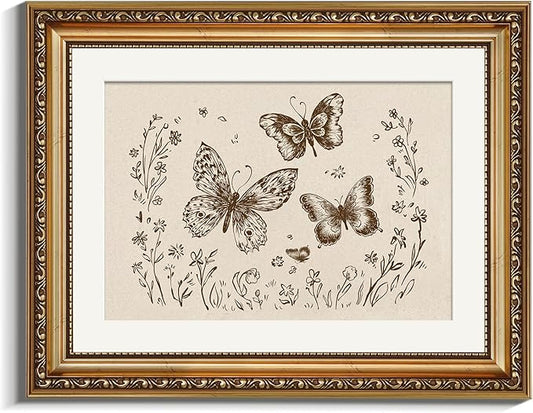 VIYYIEA Gold Framed Wall Art, Butterflies Canvas Print Home Decor Vintage Art Painting Picture Bathroom Wall Decor, Animals Artwork for Living Room Bedroom Kitchen Office - 14L x 11W