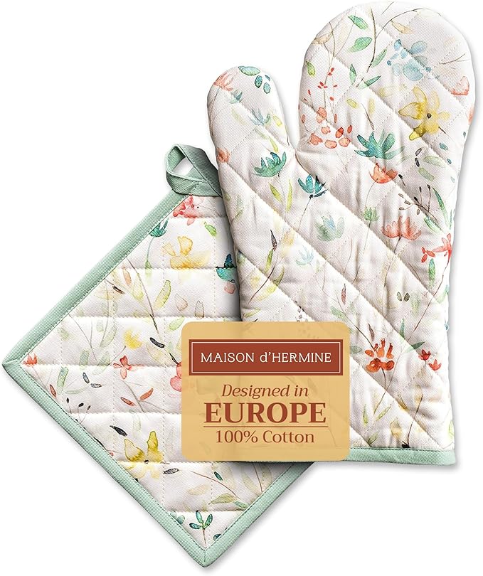 Maison d' Hermine 100% Cotton Oven Mitt & Pot Holder Set (7.5"x13" & 8"x8") Heat Resistant BBQ Cooking Gloves with Loop, Baking, Grilling, Kitchen, Handling Hot Pans Spring/Summer (Colmar)