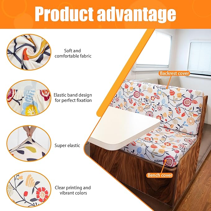 Rv Dinette Cushion Covers,Printing Stretchable Camper Cushion Cover,RV Cushion Slipcover,Rv Couch Cover Replacement for RV Camper Car Bench,2 Backrest Covers and 2 Bench Covers (Flower Vine)