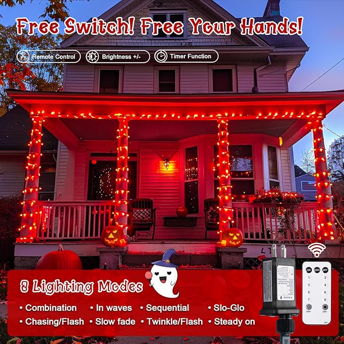 JMEXSUSS 400 LED Red Lights for Halloween, 132ft Halloween String Lights Plug in with Remote, Indoor Outdoor Red Light for Tree Porch Yard House Christmas Decorations