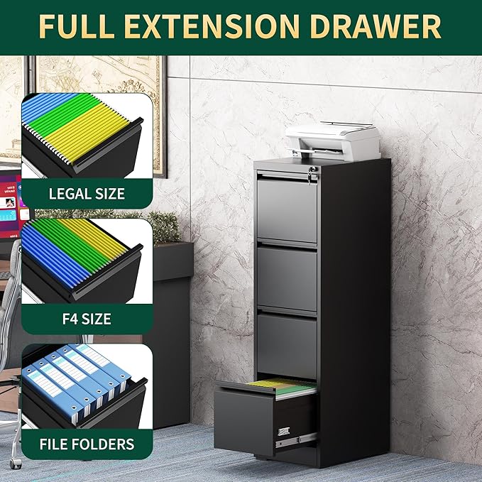 4 Drawer File Cabinet with Lock, Steel Vertical Filing Storage Cabinet for Home Office, Heavy-Duty File Cabinets for Letters/Legal/A4 (Require Assembly, Black)