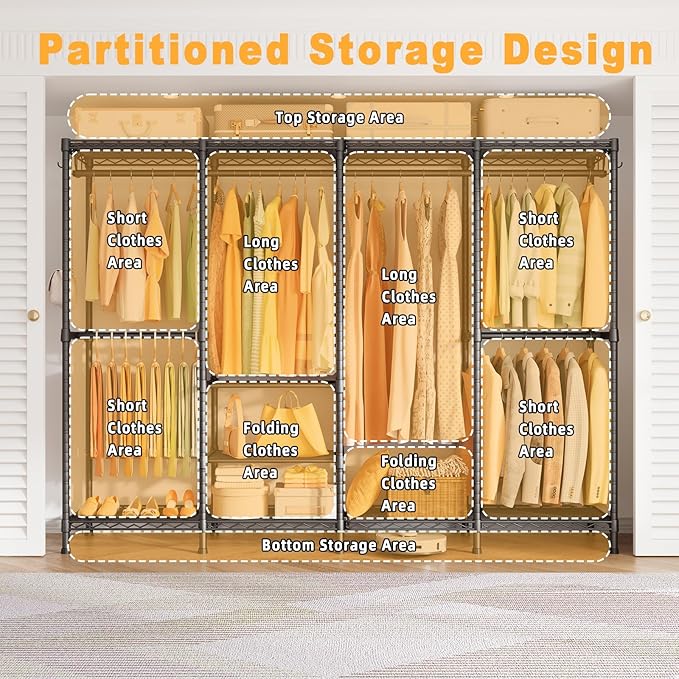 H41 Garment Rack Heavy Duty Clothes Rack, Clothing Racks for Hanging Clothes, Extra Large Freestanding Portable Closet Wardrobe Rack 78.5'' W × 15.8'' D × 76.4'' H, Max Load 1150 Lbs, Black