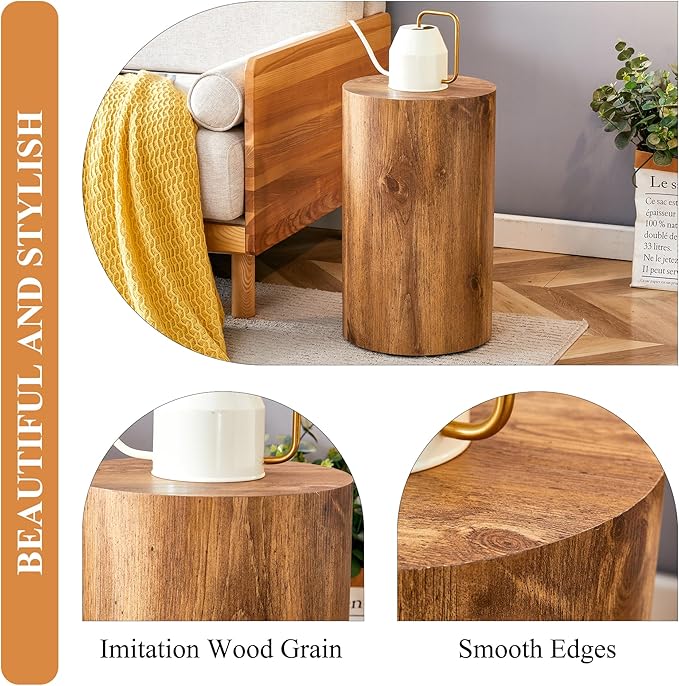 Modern Round Top Coffee Table,12Inch Cylindrical End Table,Small Side Table with Texture for Living Room,Office,Apartment