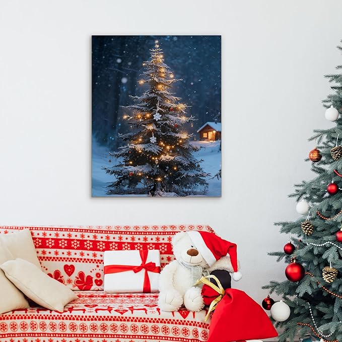 Framed Christmas Pictures Wall Decor,Vintage Pine Tree Prints,Winter Christmas Canvas Wall Art Decoration for Bedroom Bathroom Living Room Rustic Xmas Holiday Gifts (Christmas Tree 19, 11'' X 14'')