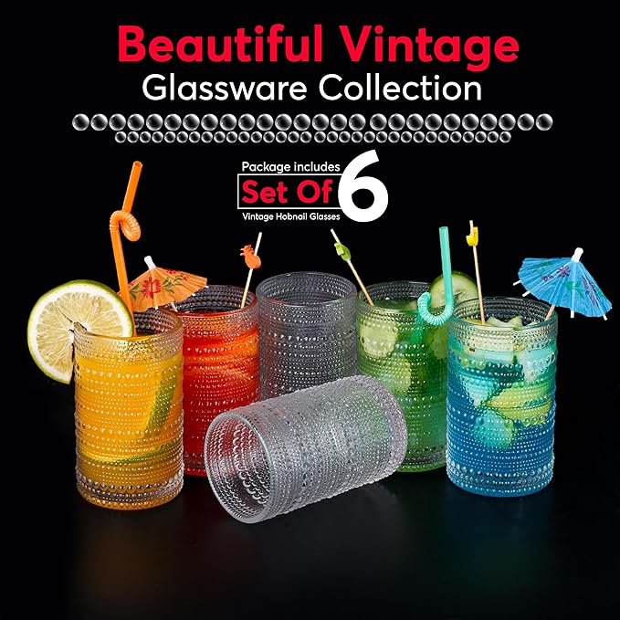 Hobnail Drinking Glasses, Vintage Glassware Set of 6, Vintage Drinking Glasses 12.5 oz, Bubble Glasses Drinking, Hobnail Glasses, Vintage Glass Cups, Jupiter Glasses for Juice, Soda, Beer, Whisky