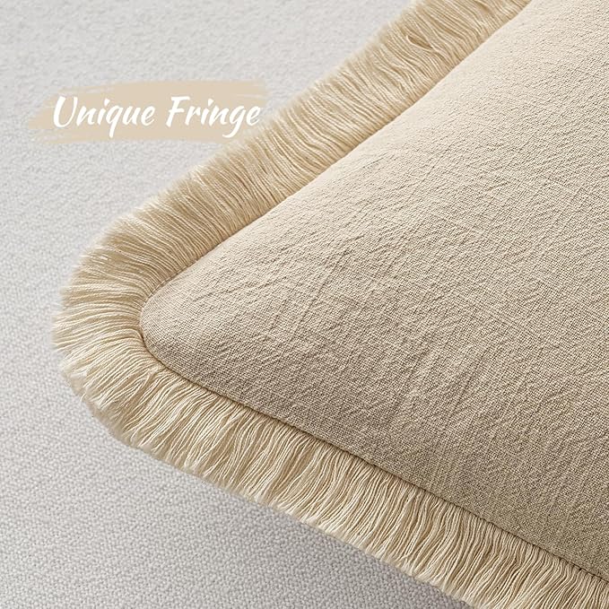 MIULEE Decorative Lumbar Throw Pillow Covers Neutral Linen Fringe Throw Pillows Set of 2 Beige Boho Farmhouse Cushion Covers with Tassels for Couch Sofa Bed Living Room Spring Home Decor 12x20 Inch