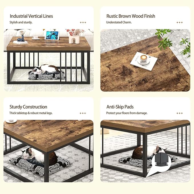 FOLUBAN Modern Coffee Table, Square Center Table for Living Room, Industrial Rustic Wood and Metal Cocktail Tea Table, 31.5 Inch, Brown