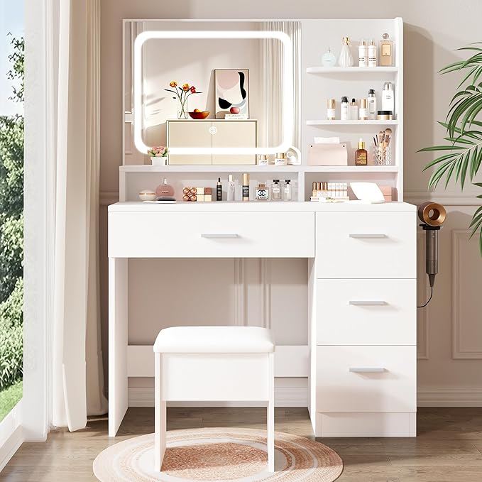 Makeup Vanity Desk Set, 35.4“Wx15.7”Dx53.9“H, White (Smart LED Mirror, with Cushion Stool, Hairdryer Rack, Power-Outlet, 4 Drawers, Open Shelves)