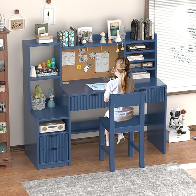 Blue Wooden Kids Fluted Desk and Chair Set,Kids Study Desk with Storage Shelves,Kids Study Table and Chair Set with 4 Fluted Drawers,Girls Study Desk for Kids with Hutch for Bedroom-p7P54u