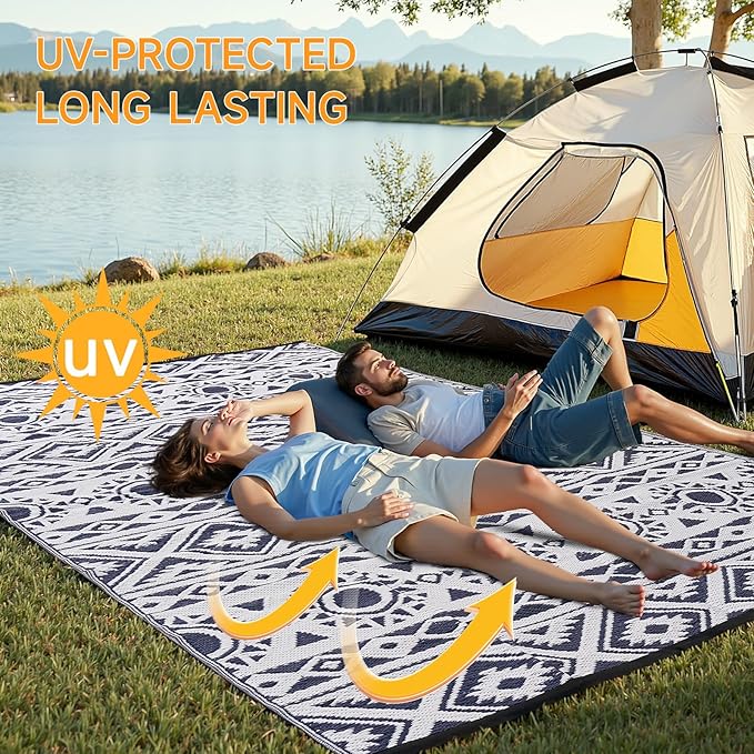 Outdoor Rug Waterproof 8x10 ft, Reversible Outdoor Plastic Straw Rug Patio Rug, RV Rugs for Outside, Outdoor Carpet for Patio Camping Deck Balcony Backyard, Blue & White