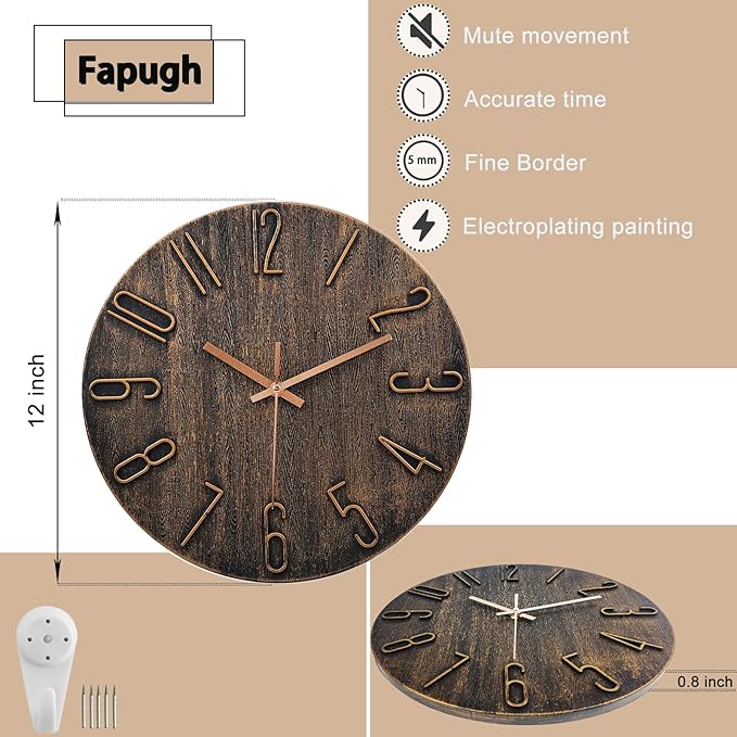 Wall Clock Battery Powered 12 inch Silent Wall Clock, Exquisite Modern Style Decorative Clock, Suitable for Home, Office, School, Kitchen, Bedroom, Living Room (Brown)