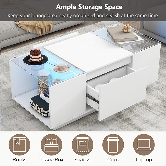 Modern High Gloss Coffee Table with Storage, 41.3-Inch Glass Top Center Cocktail Table with Drawers for Living Room, White