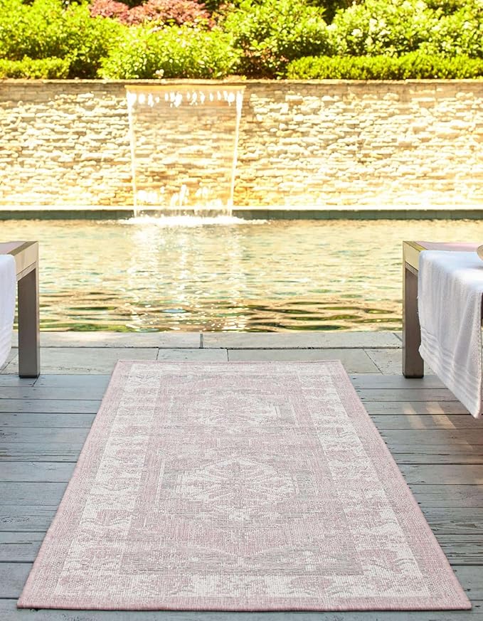 Unique Loom Outdoor Traditional Collection Area Rug - Valeria (2' 7" x 12' 2" Runner, Pink/ Ivory)