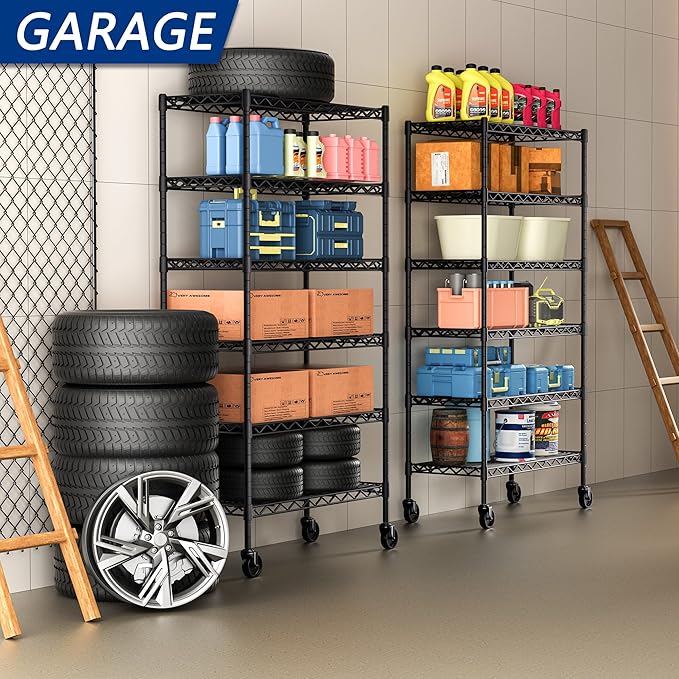 6-Shelf Adjustable Heavy Duty Storage Shelving Unit, Metal Organizer Wire Rack for Laundry Bathroom Kitchen Pantry Closet with Wheels, Black