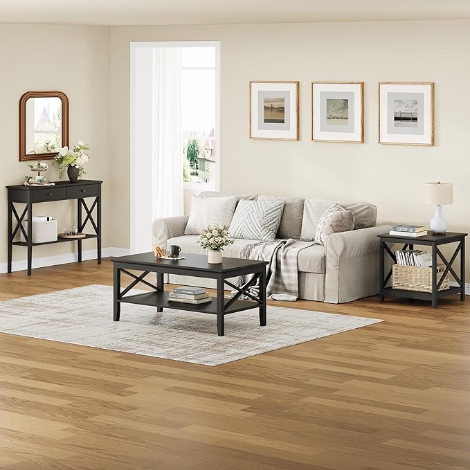 ChooChoo Oxford Coffee Table with Thicker Legs, Black Wood Coffee Table with Storage for Living Room