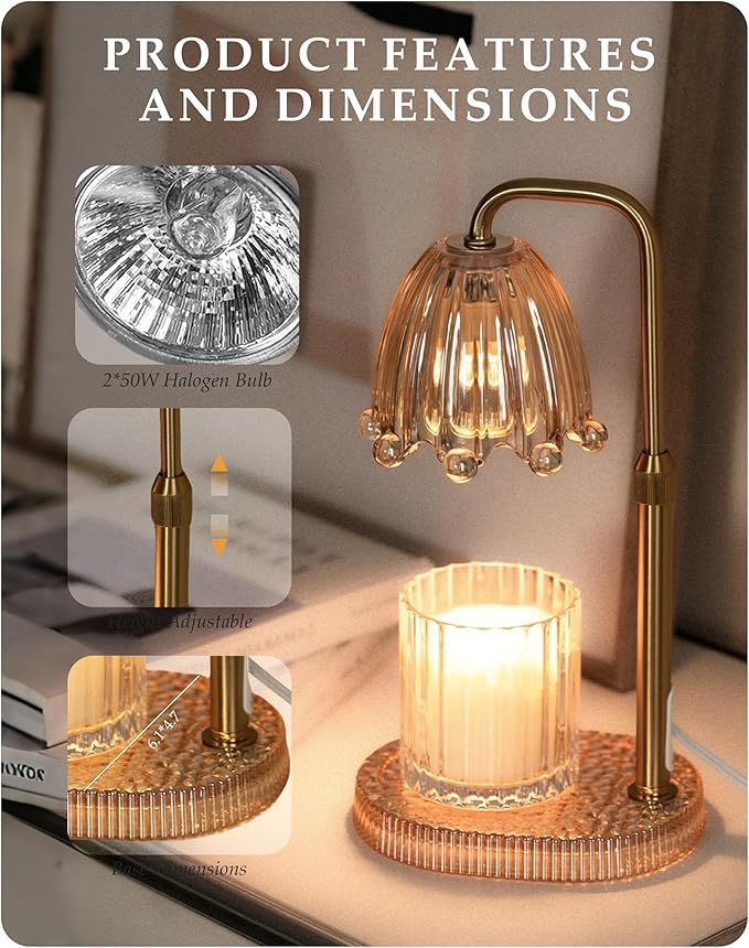Candle Warmer Lamp with Timer, Dimmer & Adjustable Height, 20MM Crystal Base, 2 Blubs, Fit Jar Scented Candles, Safe Aromatherapy Light for Sleep, Work, Yoga, Bedroom, Office, Gift for Women