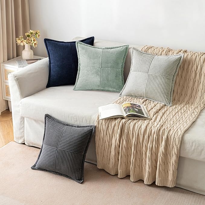 MIULEE Decorative Lumbar Throw Pillow Covers for Couch Bed Livingroom 12x20 Inch Set of 2 Greyish Green Boho Accent Throw Pllows Broadside Striped Patchwork Soft Corduroy Summer Pillowcases