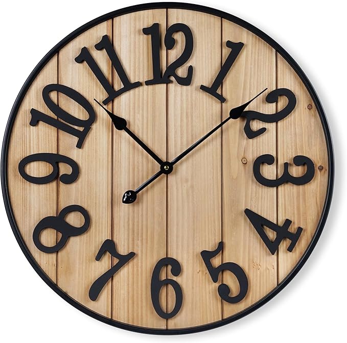 Large Wall Clock 16IN, Silent Metal Wood Style Wall Clocks Battery Operated for Living Room Decor, Farmhouse Big Wall Clock, Outdoor