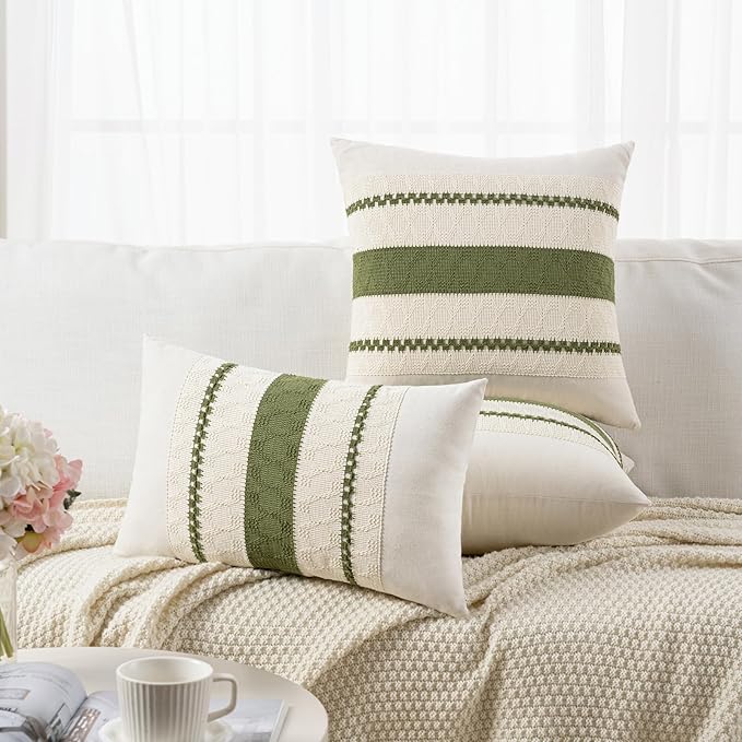 Fancy Homi Set of 2 Boho Moss Green Big Decorative Throw Pillow Cover 24x24 Inch for Couch Bed Bedroom, Aesthetic Modern Organic Farmhouse Room Decor, Soft Cotton Accent Macrame Woven Cushion Case