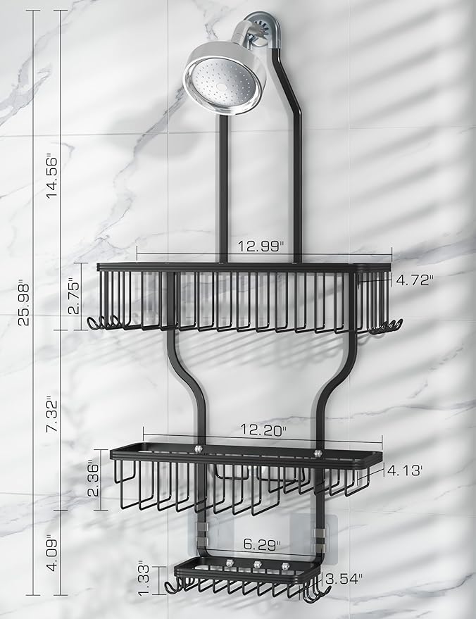 YASONIC Shower Caddy Hanging - Never Rust Shower Organizer - Aluminum over The shower head caddy with 10 Hooks for Razor/Sponge - Shower Rack with Soap Basket - Black