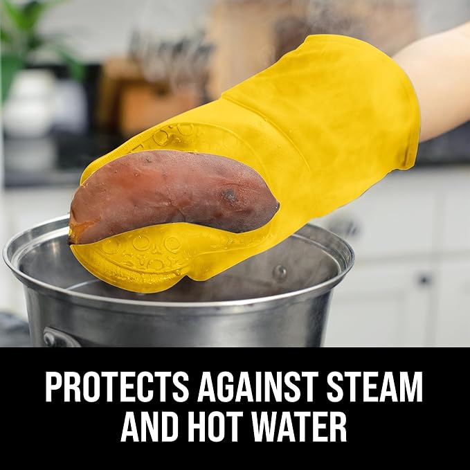 BPA-Free Soft Silicone Oven Mitts - Ultra Heat Resistant Oven Mitts with Thick Cotton Liner - Long Slip Resistant Pot Holders, Flexible Oven Gloves - Yellow 13.7"