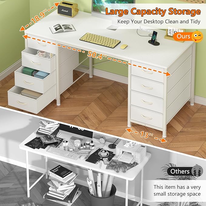 50 Inch White Computer Desk with 8 Drawers, Home Office Desk with Power Outlets, Work Study Gaming Desk with 8 Fabric Drawers, White