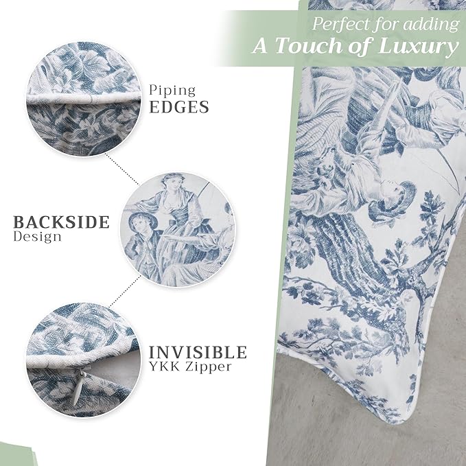 Maison d' Hermine Decorative Pillow Covers 18 x 18 Inch Square 100% Cotton Throw Pillow Covers with Invisible Zipper for Living Room Couch, Chair, Sofas, Bedroom, Home (The Miller - Blue (White))