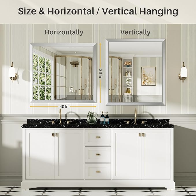 40x36 Inch Silver Bathroom Mirror for Wall, Thick Metal Framed Rectangle Mirrors for Over Sink, Bedroom, Living Room, Entryway, Anti-Rust, HD Tempered Glass