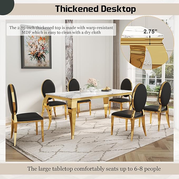 7-Piece Dining Table Set for 6, Faux Marble Modern Dining Table Set with 6 Round Backrest Upholstered Chairs, 70“ Stainless Steel Legs Table & Chair Set for Kitchen, Black & Gold