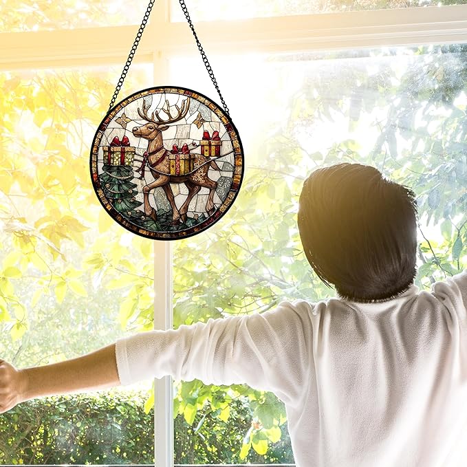 Stained Glass Window Hanging, Christmas Tree Elk Sun Catchers Colorful Glass Panel Retro Suncatcher Decor for Birthday for Women, Men, Wife, Aunt, and Mom 6.3 in
