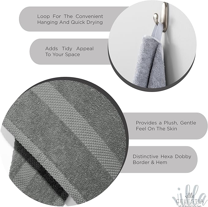 100% Combed Cotton Bathroom Towel Set of 6- 2 Bath Towels, 2 Hand Towels, 2 Wash Cloths, Sustainable, Soft, Highly Absorbent 6 Piece Cotton Bath Towel Set Ideal for Hotels, Spa, Bathroom, Dorm, Grey