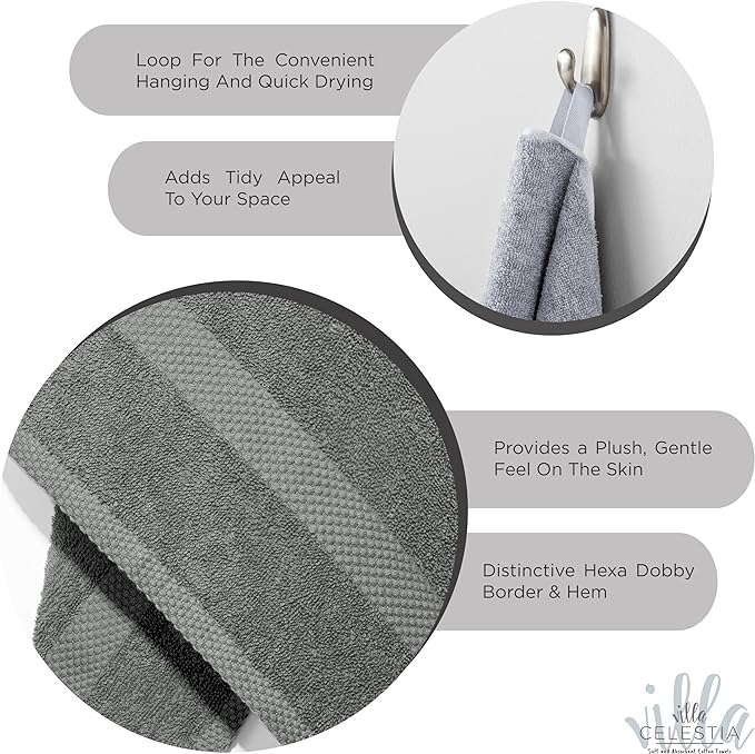 100% Cotton Bath Towel Set of 24-6 Bath Towels, 6 Hand Towels, 12 Wash Cloths, Sustainable, Soft, Highly Absorbent, Combed Cotton 24 Piece Set for Hotels, Spa, Bathroom, Dorm, Grey