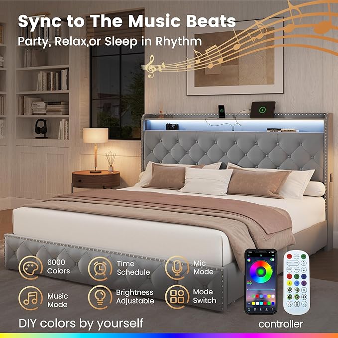 LARMACE King Size Bed Frame Velvet Upholstered LED Tufted King Platform Bed and Headboard with 4 Storage Drawers&USB Type-C Charging Station,No Box Spring Need/Noise Free,Easy Assembly,Bluish Grey