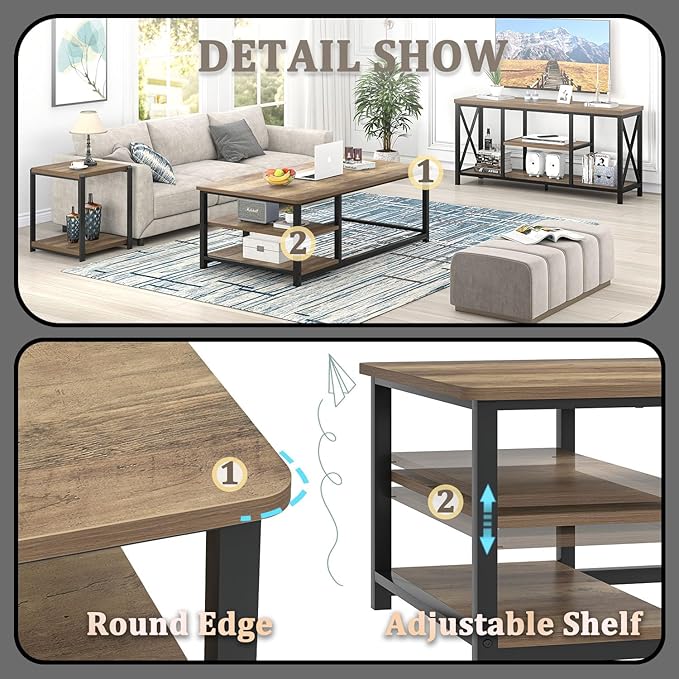 EXCEFUR Coffee Table with Storage Shelf, Modern Wood and Metal Center Table for Living Room, Rustic Oak, 47 Inch