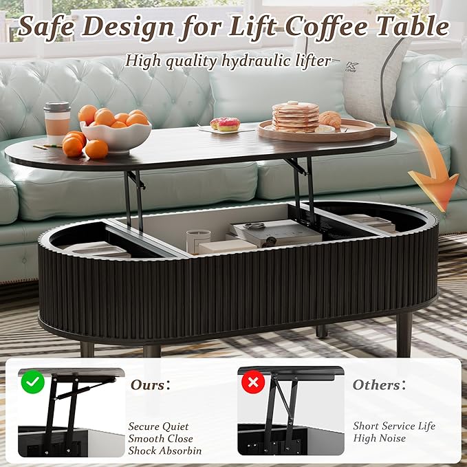 EAG Fluted Lift Top Coffee Table with Hidden Compartment, Modern Oval Coffee Table with Storage, Fully Wood Center Table for Living Room, Office, Black