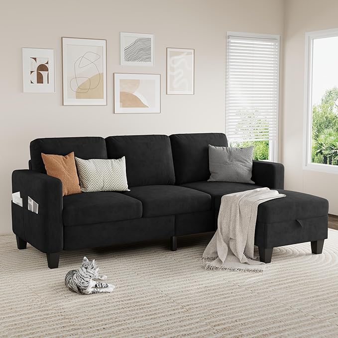 Sectional Sofa Couches for Living Room - Black 3 Seat L-Shaped Couch with Storage Ottoman, Comfy Velvet Convertible Sectionals Sofas with Chaise for Apartment, Office, Small Space
